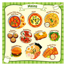 Menu of main dishes from 100 Most Real Play Foods for realistic pretend play