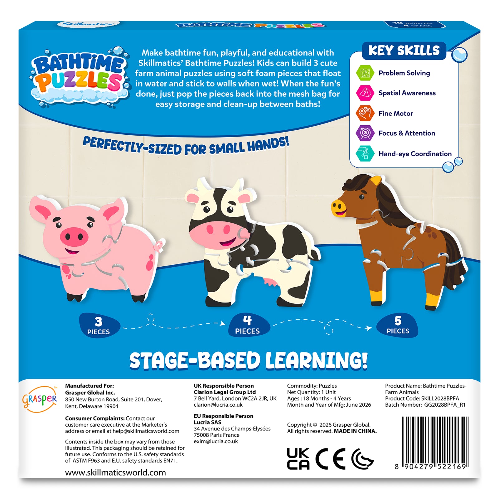 Back of the Skillmatics Bathtime Puzzles Farm Animals box showing three foam animal puzzles including a 3-piece pig, 4-piece cow, and 5-piece horse. The packaging highlights developmental skills, product details, age recommendation of 18 months to 4 years, and safety information.