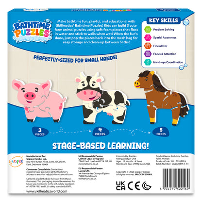 Back of the Skillmatics Bathtime Puzzles Farm Animals box showing three foam animal puzzles including a 3-piece pig, 4-piece cow, and 5-piece horse. The packaging highlights developmental skills, product details, age recommendation of 18 months to 4 years, and safety information.