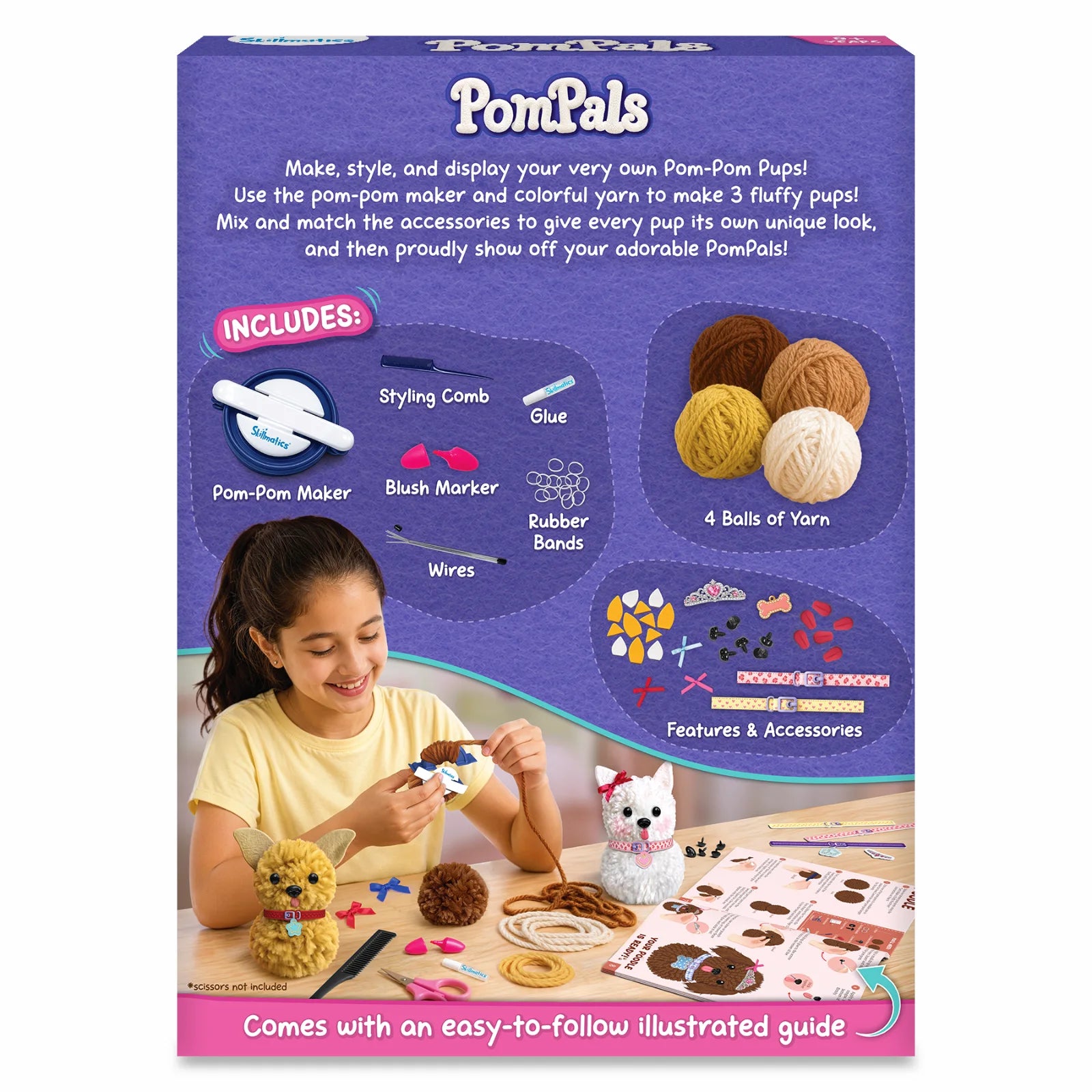 Skillmatics PomPals craft kit packaging displaying a pom-pom maker, styling comb, glue, blush marker, rubber bands, wires, four yarn balls and puppy accessories. A child creates a puppy beside finished examples and an illustrated guide. The bottom banner highlights the easy-to-follow instructions.