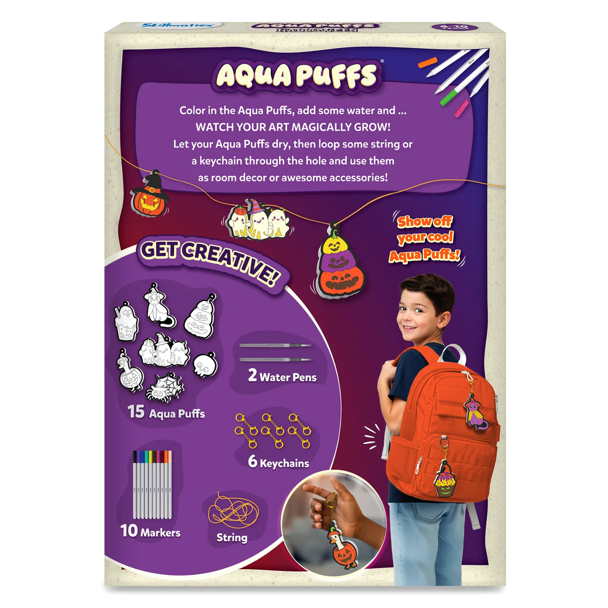 Back of the Skillmatics Aqua Puffs Halloween box with instructions, a string garland of puffed pumpkin and ghost ornaments, a Get Creative list of 15 puffs, 10 markers, 2 water pens, 6 keychains and string, and a boy with Aqua Puffs keychains on his backpack. Text: Show off your cool Aqua Puffs.