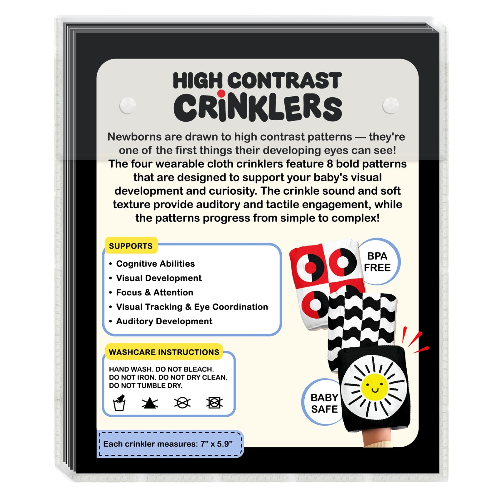 Skillmatics High Contrast Crinklers packaging for newborns (0–12 months) with wearable cloth crinklers. Highlights 8 black-and-white patterns and crinkle sound engagement. Includes benefits: cognitive abilities, visual development, eye coordination, plus BPA FREE and BABY SAFE indicators.