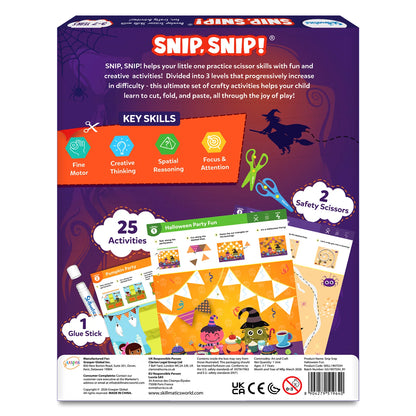 Back of the Snip, Snip! Halloween box with a product description, Key Skills icons for fine motor, creative thinking, spatial reasoning and focus, a witch on a broom, and activity pages such as Halloween Party Fun and Pumpkin Party, labeled 25 activities, 2 safety scissors and 1 glue stick.