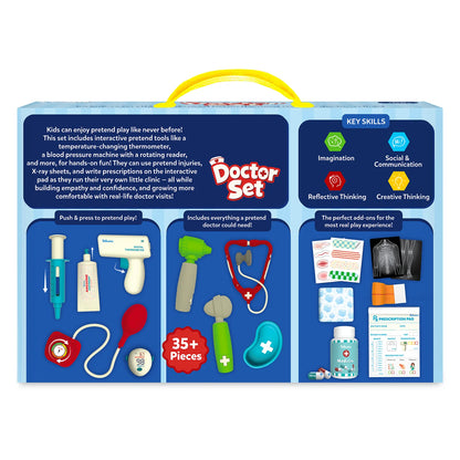 Back view of the Skillmatics Doctor Set packaging showcasing key skills including imagination, communication, reflective thinking, and creativity. The layout features product details, close-ups of medical accessories, a child role-playing as a doctor, and information about the included interactive tools.
