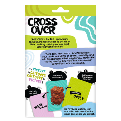 Back-of-pack design for Skillmatics Cross Over showing the game logo, gameplay description, and illustrated instructions. Example cards connect “Something Yummy” to a brownie image and “Something Gooey.” Step callouts explain starting with any card, making connections, and clearing your hand first.