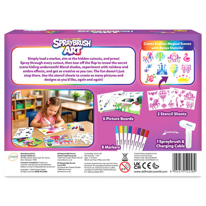 Back-of-box view of Skillmatics Spraybrush Art shows product instructions, a child using the spraybrush, six picture boards, two stencil sheets, eight markers, a spraybrush and charging cable. The package lists ages 4–10 years, one unit, safety and conformity marks, manufacturer details and barcode.