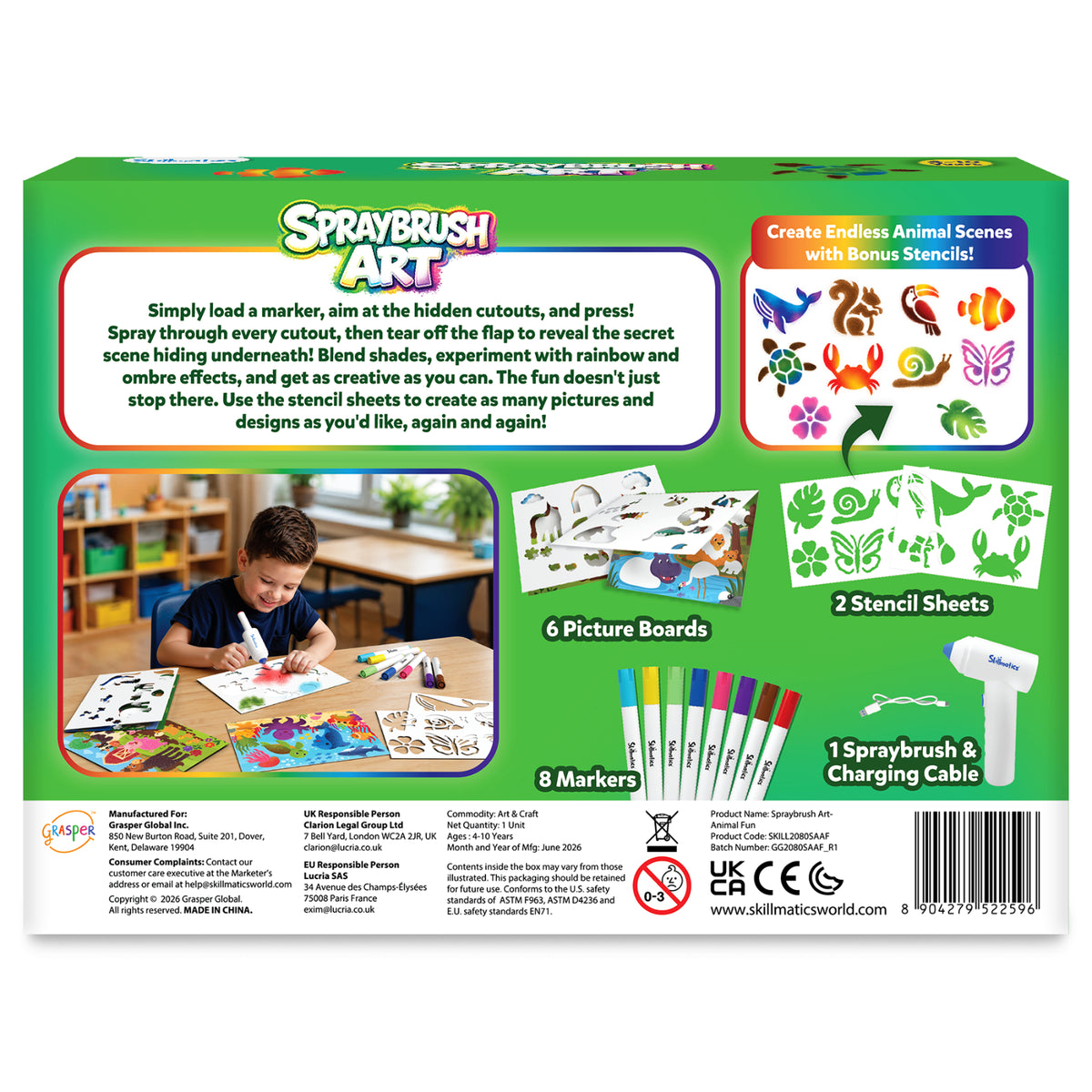 Skillmatics Spraybrush Art packaging shows the spraybrush activity, a child creating artwork, six picture boards, two animal stencil sheets, eight coloured markers, and a spraybrush with charging cable. The green box features usage instructions, bonus stencil designs, product details, and safety symbols.