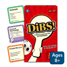 Dibs Trivia Game for ages 8+ featuring colorful game components and question cards