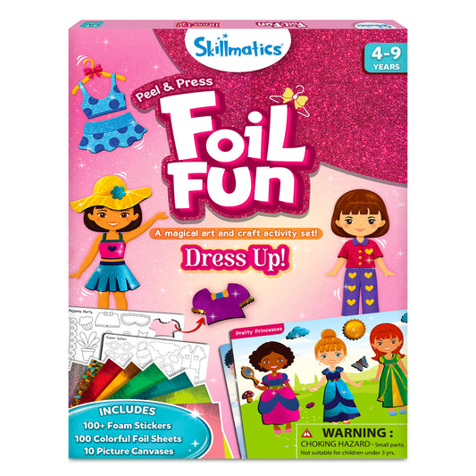 Packaging for 'Foil Fun' art and craft activity kit by Skillmatics, designed for ages 4-9, featuring illustrations of fairies, unicorns, and princesses.