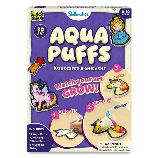 Box of Aqua Puffs art kit for princesses and unicorns with colorful graphics on a white background.