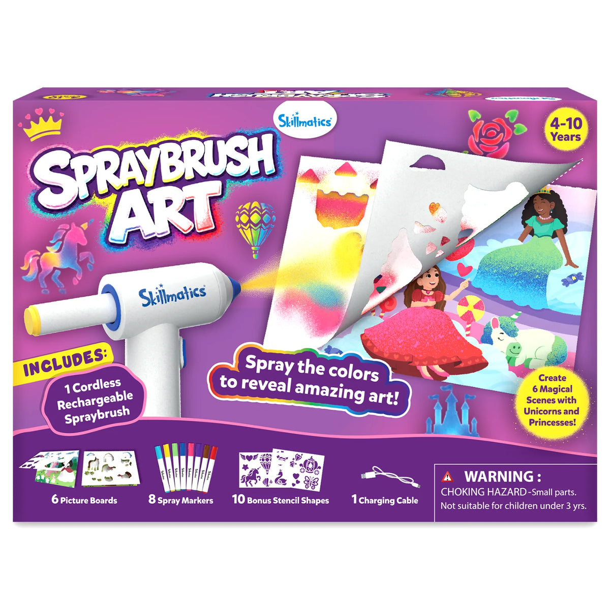 Skillmatics Spraybrush Art kit for ages 4–10 featuring a cordless rechargeable spraybrush, six picture boards, eight spray markers, ten bonus stencil shapes and a charging cable. The purple box showcases colourful unicorn and princess artwork with a mess-free creative play theme.