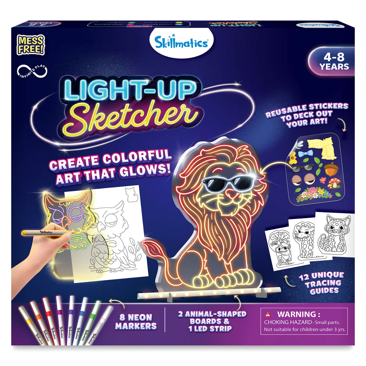 Skillmatics Light-Up Sketcher kit for ages 4–8, featuring a glowing animal-shaped lion display board, 12 tracing guides, reusable sticker sheet, eight markers, LED light strip, two stands, dust cloth and instruction manual. Dark blue packaging promotes colorful, reusable glowing artwork.