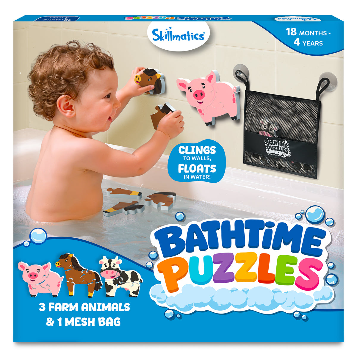 Skillmatics Bathtime Puzzles box featuring a toddler playing with colorful foam farm animal puzzles on a bathtub wall. Includes pig, cow, and horse puzzles that cling to walls and float in water, a mesh storage bag, age range 18 months–4 years, and a playful bath-themed design.