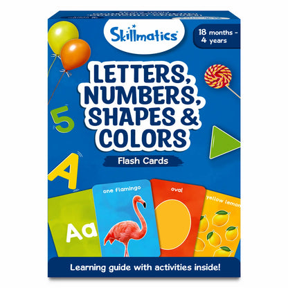 Skillmatics flash cards for toddlers showing Letters Numbers Shapes and Colors for ages 1-4