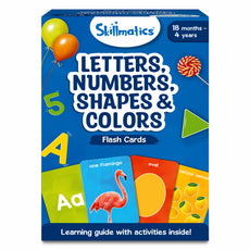 Skillmatics flash cards for toddlers showing Letters Numbers Shapes and Colors for ages 1-4