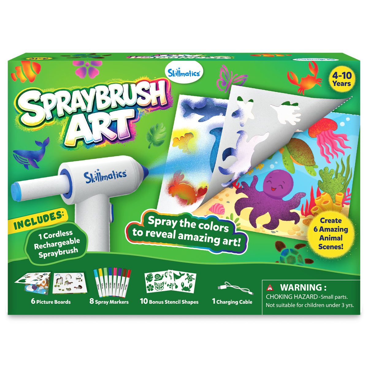 Skillmatics Spraybrush Art kit packaging for ages 4–10, featuring a cordless rechargeable spraybrush, colorful ocean and animal artwork, and the message “Spray the colors to reveal amazing art!” Includes 6 picture boards, 8 spray markers, 10 bonus stencil shapes and a charging cable.