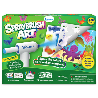 Skillmatics Spraybrush Art kit packaging for ages 4–10, featuring a cordless rechargeable spraybrush, colorful ocean and animal artwork, and the message “Spray the colors to reveal amazing art!” Includes 6 picture boards, 8 spray markers, 10 bonus stencil shapes and a charging cable.