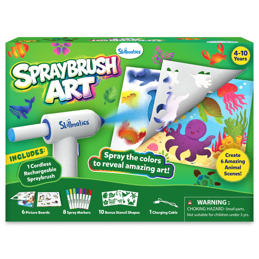 Skillmatics Spraybrush Art kit packaging for ages 4–10, featuring a cordless rechargeable spraybrush, colorful ocean and animal artwork, and the message “Spray the colors to reveal amazing art!” Includes 6 picture boards, 8 spray markers, 10 bonus stencil shapes and a charging cable.