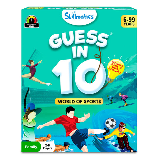 Guess in 10 World of Sports trivia card game for ages 6 plus featuring sports questions