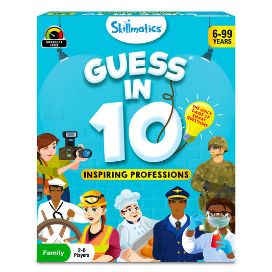 Guess in 10 Inspiring Professions trivia card game for ages 6+ displayed on packaging