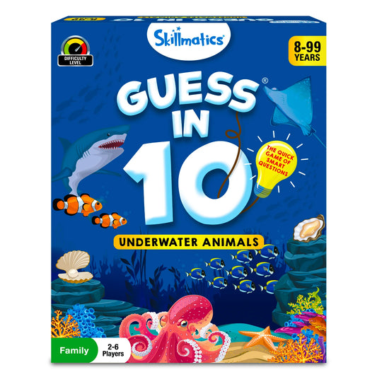 Guess in 10 underwater animals trivia card game box for ages 8 plus featuring ocean creatures