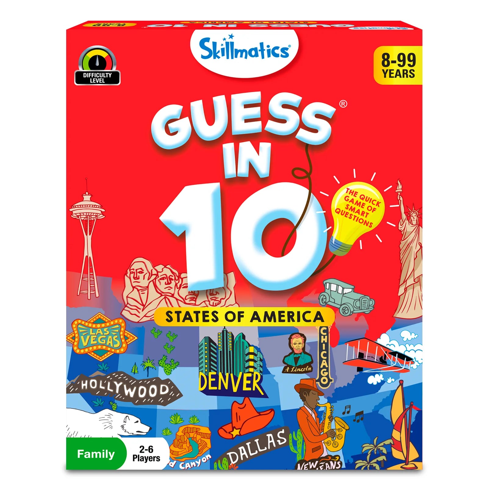 Guess in 10 States of America trivia card game box for ages 8 and up