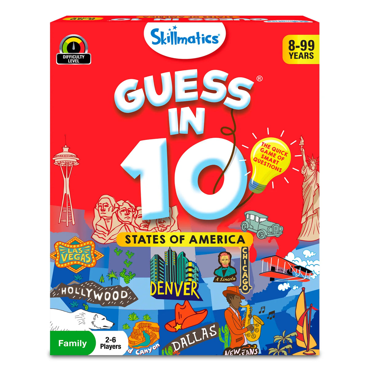 Guess in 10 States of America trivia card game box for ages 8 and up