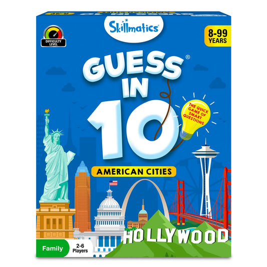 Guess in 10 American Cities trivia card game for ages 8+ showing gameplay design