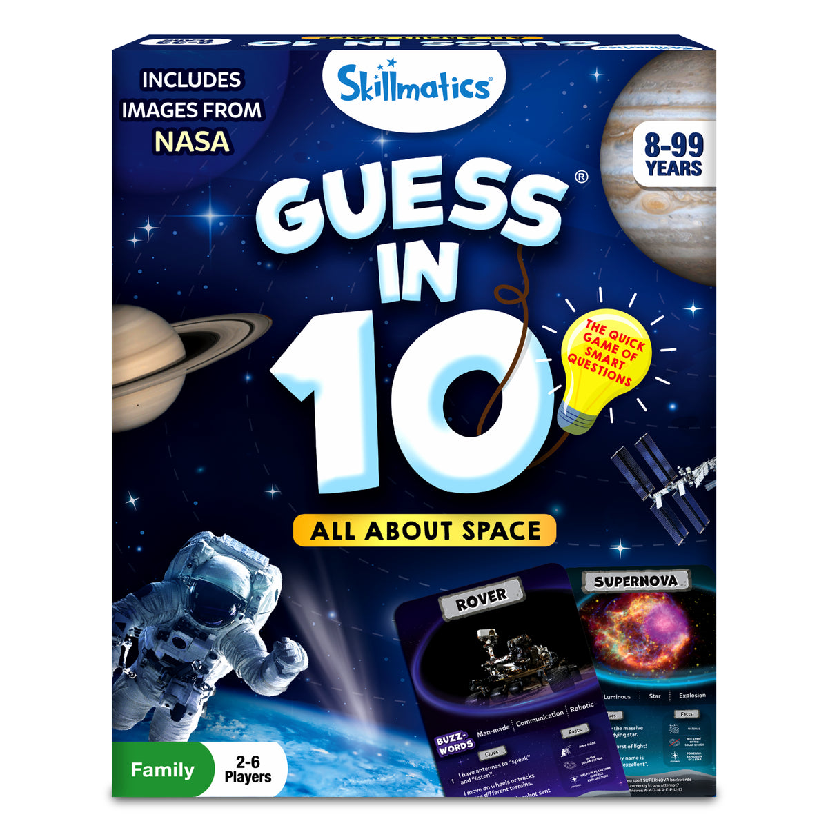 Space-themed Guess in 10 trivia card game for ages 8 and up with space illustrations