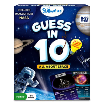 Space-themed Guess in 10 trivia card game for ages 8 and up with space illustrations