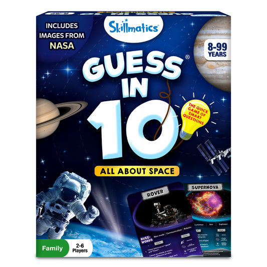 Space-themed Guess in 10 trivia card game for ages 8 and up with space illustrations