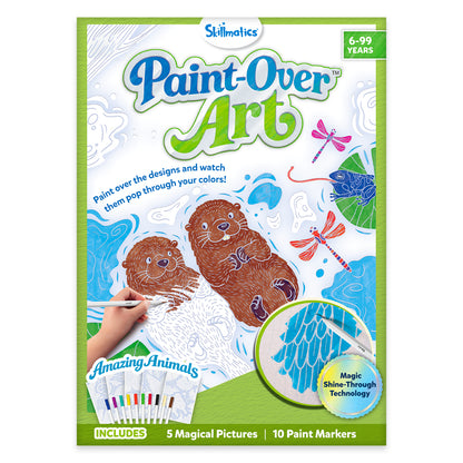 Front-facing packaging of Skillmatics Paint-Over Art Amazing Animals kit showing green box with ""Mess Free"" label, age 6–99 years badge, branding, and animal illustrations including sea otter-like creatures, dragonfly and turtle, plus included markers and magic shine-through feature callout.
