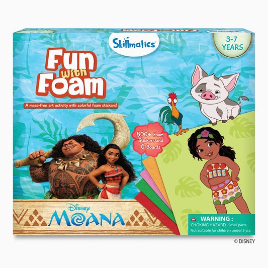 Skillmatics Disney Moana Fun with Foam craft kit box for ages 3 to 7 showing Moana and Maui with his hook, Pua the pig, Heihei the rooster, a young Moana board decorated with foam shapes and colored foam sheets. Text: A mess-free art activity with colorful foam stickers, 800+ stickers, 6 boards.