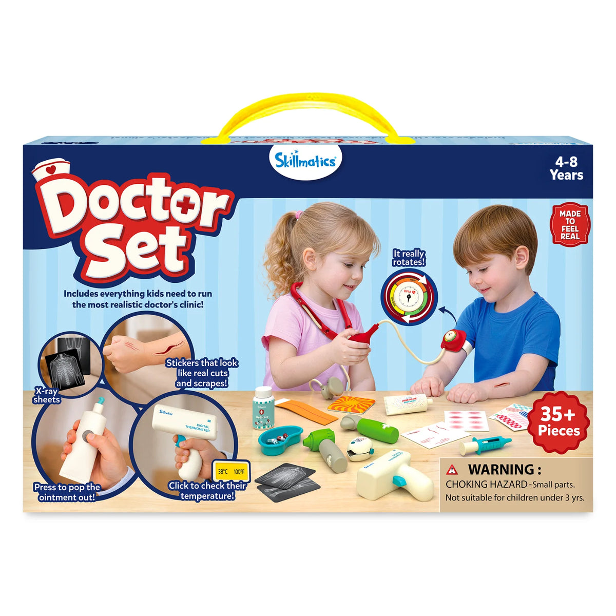 Front view of the Skillmatics Doctor Set for ages 3-8 featuring a realistic pretend play medical kit with over 35 pieces. Visible through the display window are a stethoscope, syringe, thermometer, pulse oximeter, medicine bottle, blood pressure monitor, bandages, injury stickers, and X-ray sheets.