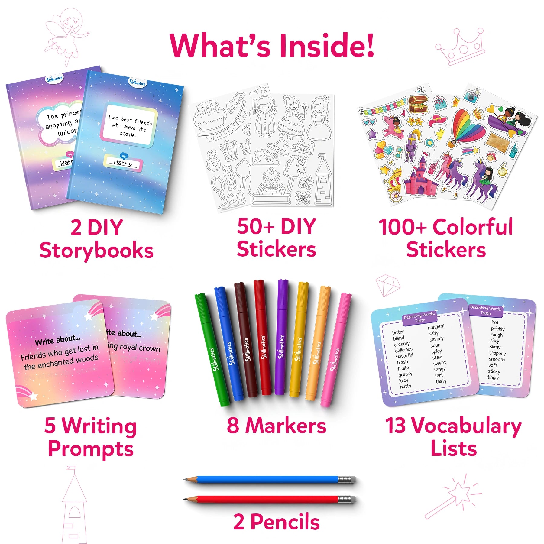 Children’s storybook art kit with unicorn and princess-themed crafting supplies