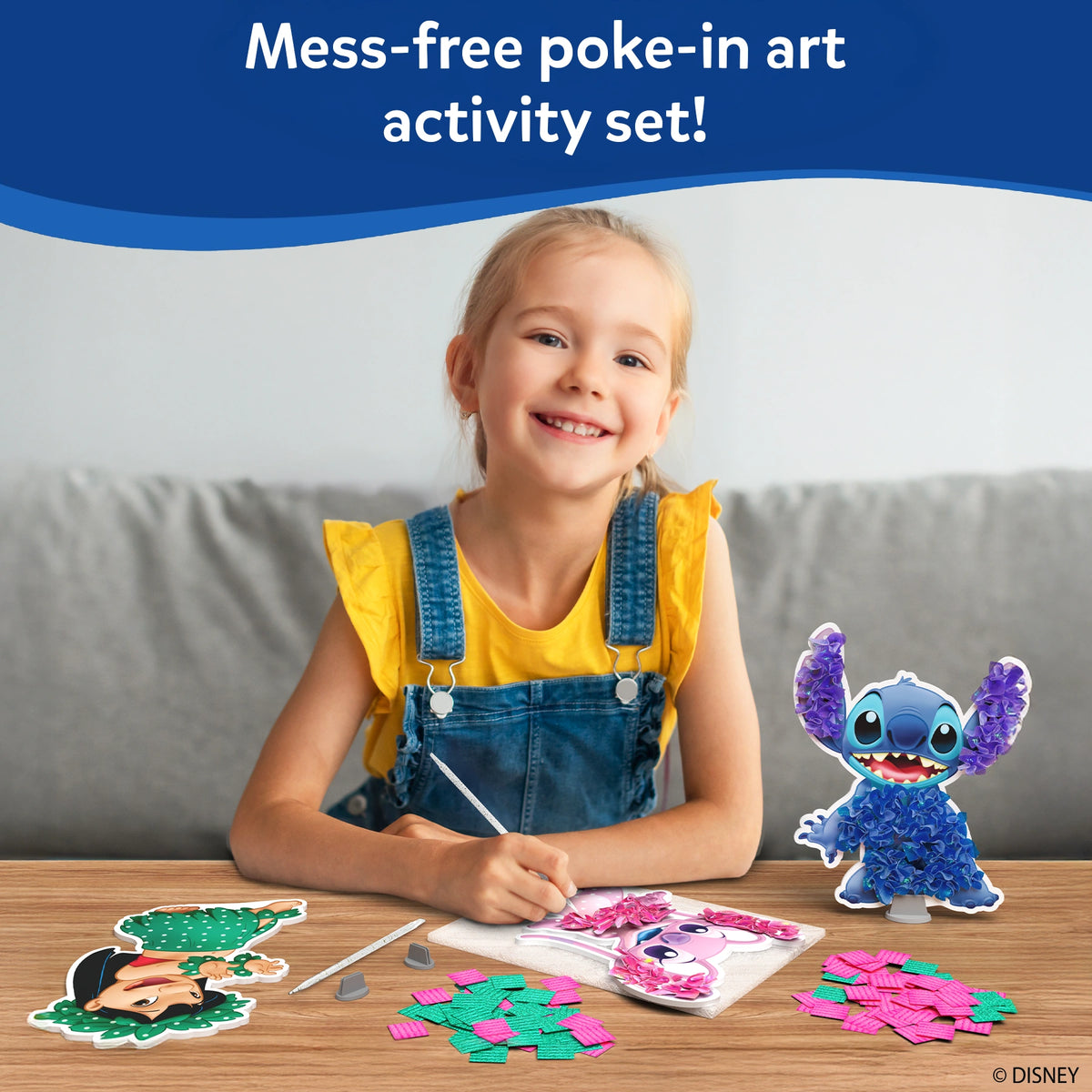 Young girl with blonde hair and yellow shirt creating craft with colorful paper for Poke-in Art Lilo & Stitch