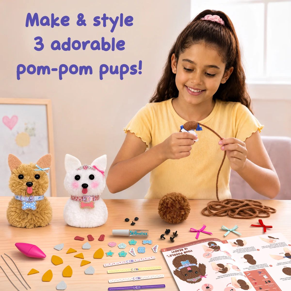 A girl in a yellow top uses the Skillmatics PomPals maker to wrap brown yarn for a puppy craft. Two finished fluffy puppies sit on the table alongside yarn, felt shapes, bows, collars, facial features, a glue stick and illustrated instructions, with text introducing the activity.