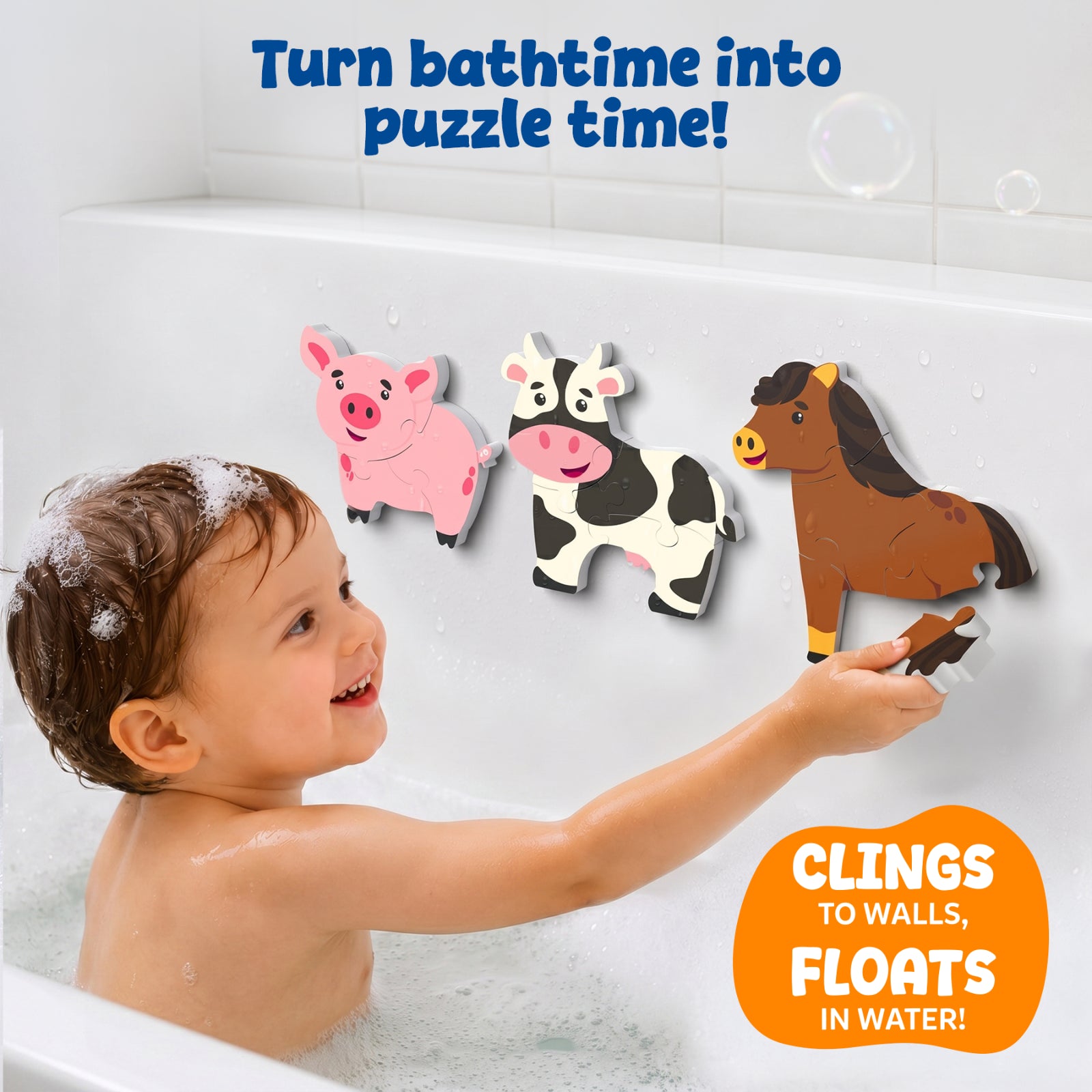 Toddler enjoying bath time while placing a foam horse puzzle onto the bathtub wall beside pig and cow puzzles. The colorful farm animal puzzles cling to wet surfaces and float in water. Banner highlights 