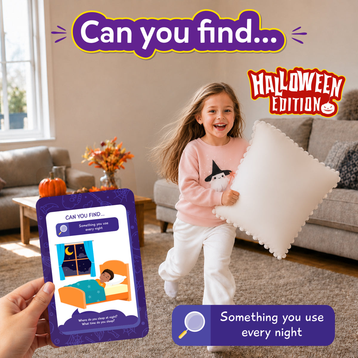 Halloween-themed scavenger hunt game with 50 prompts from Found It! Halloween Edition for ages 4-7