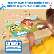 Tangram Twist farm scene puzzle with colorful animal shapes for kids ages 4-7