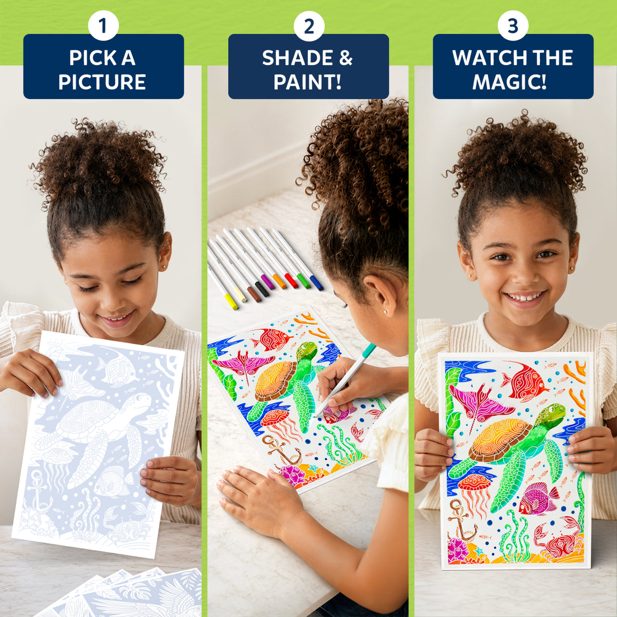 Three-panel instructional graphic showing step-by-step process: 1 Pick a picture, 2 Shade and paint with markers, 3 Watch the magic reveal colorful designs; includes child holding outline sheet, active coloring scene, and completed vibrant artwork outcome.
