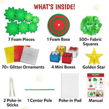 Skillmatics Poke-In Art Christmas Tree contents displayed on a white background: seven green foam pieces, one round foam base, 500+ green fabric squares, glitter ornament sheets, four mini gift boxes, a golden star, two poke-in sticks, center pole, poke-in pad and instruction manual.