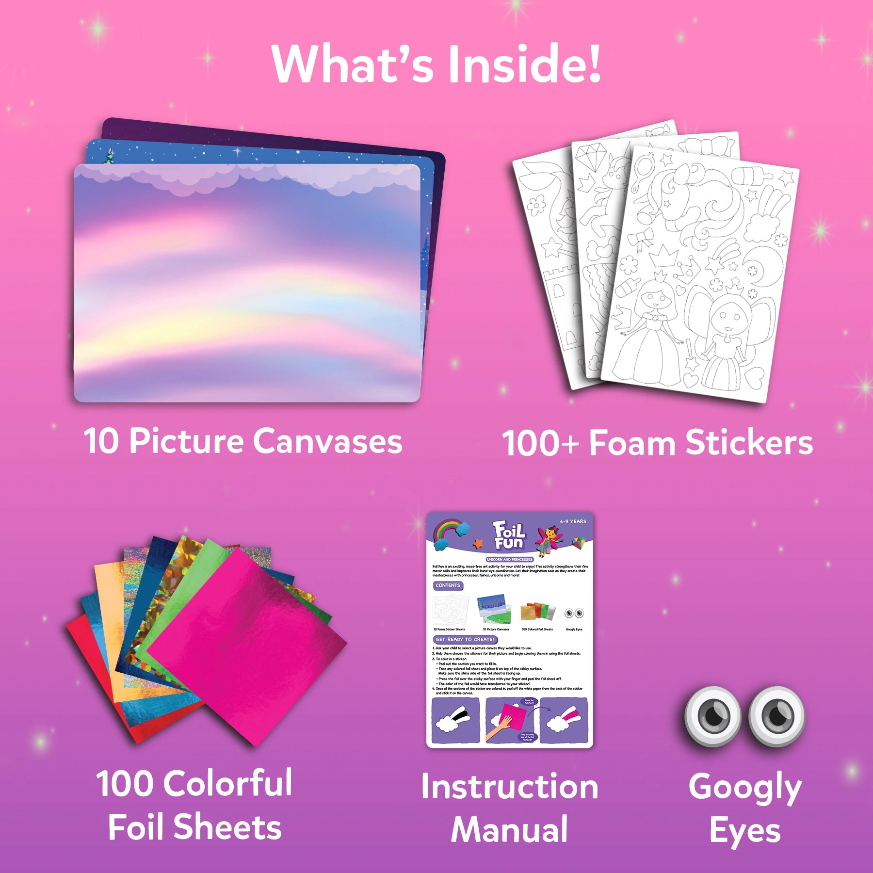 Craft kit contents for Foil Fun Unicorn & Princess No Mess Art Kit for ages 4-9