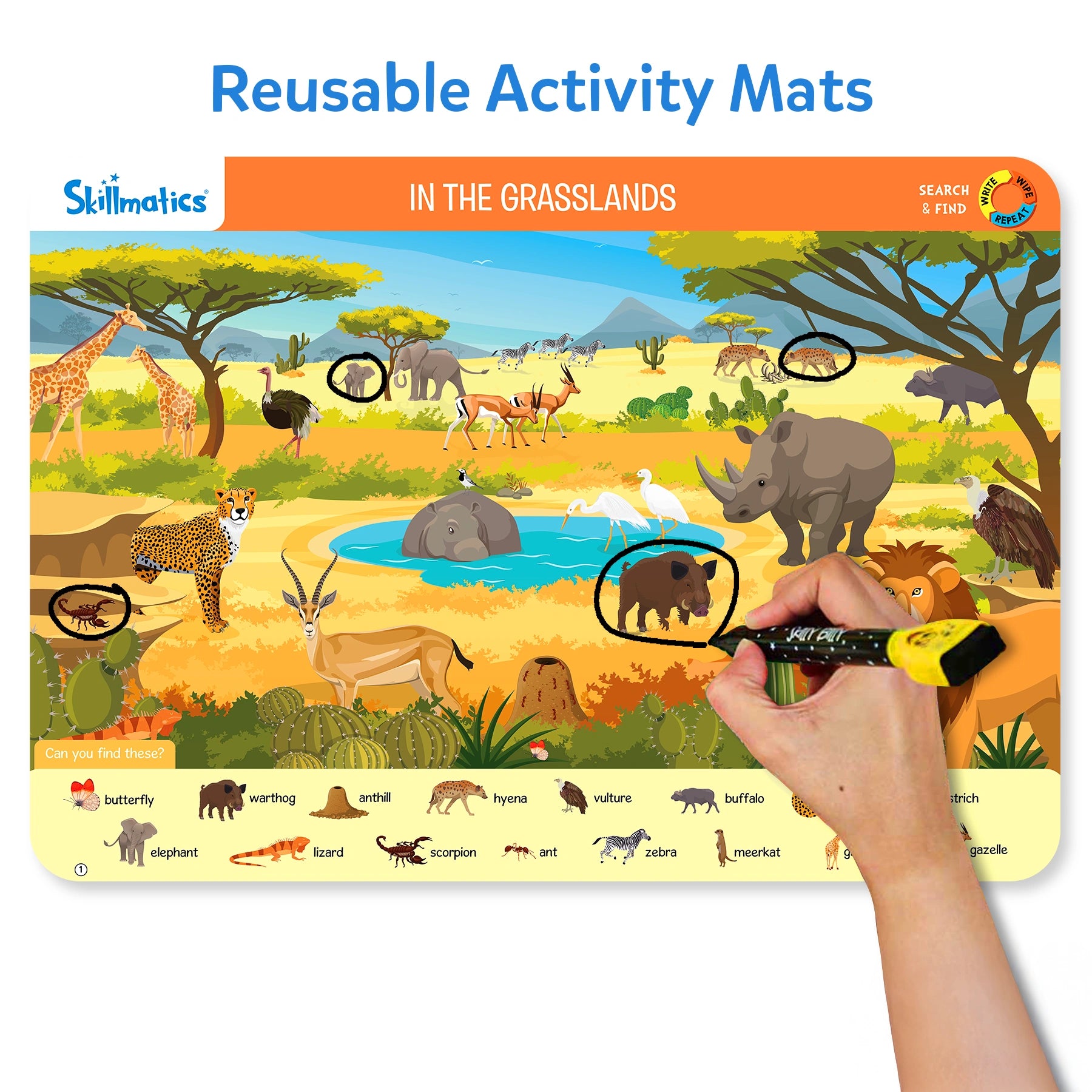 Reusable activity mat featuring grassland animals for ages 3 to 6