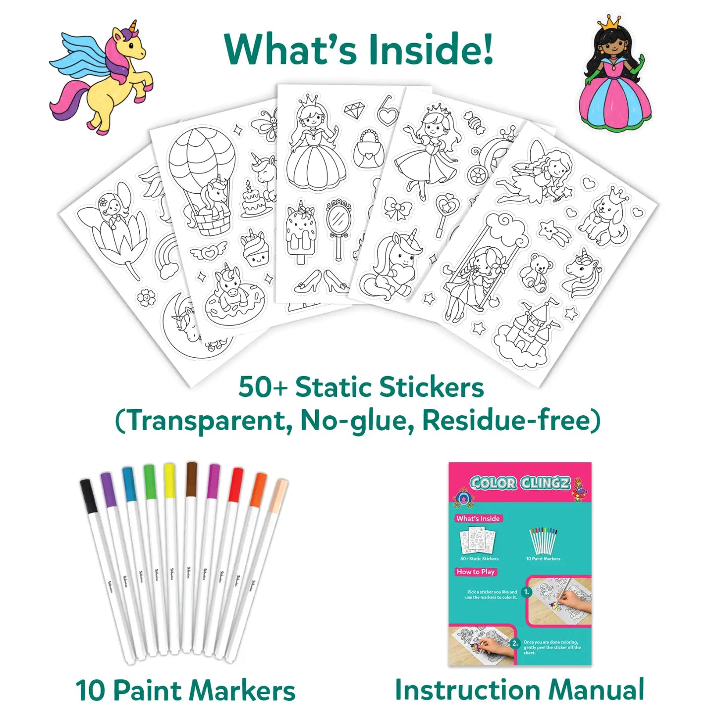 Color Clingz Unicorns & Princesses | 50+ Reusable Mess-Free Static Stickers