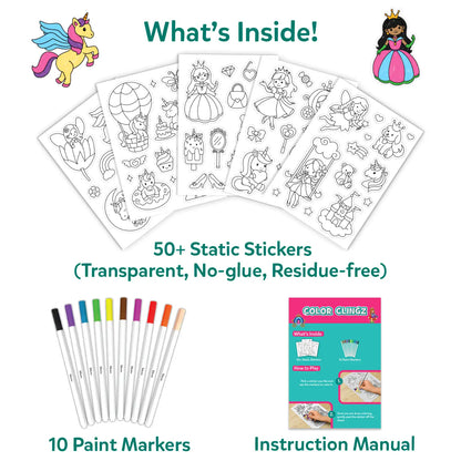 Color Clingz Unicorns & Princesses | 50+ Reusable Mess-Free Static Stickers