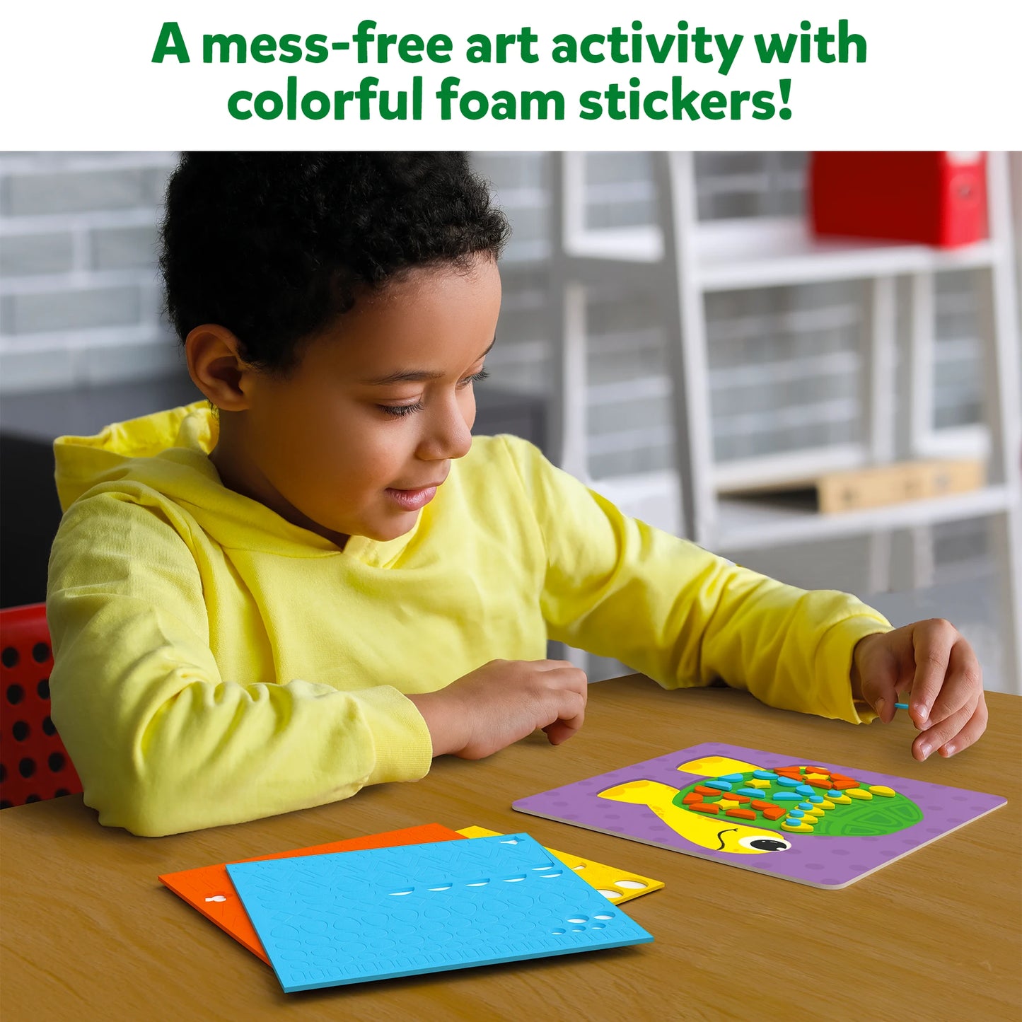 Child’s foam sticker art activity featuring fun animal designs for ages 3-7