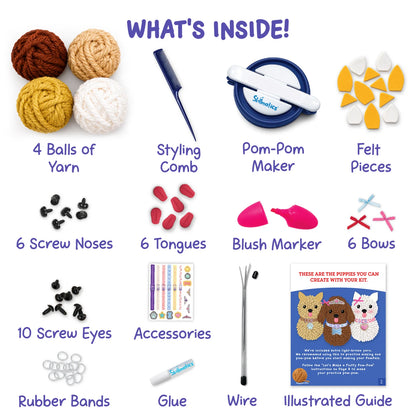 Skillmatics PomPals kit contents displayed on a white background, including four yarn balls, a styling comb, pom-pom maker, felt pieces, screw noses, tongues, blush marker, bows, screw eyes, decorative accessories, rubber bands, glue, wire and an illustrated guide showing the puppy designs.