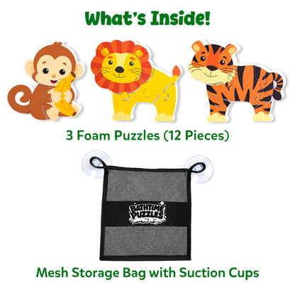 Contents of the Skillmatics Bathtime Puzzles set displayed on a white background, featuring three foam animal puzzles—a monkey, lion, and tiger—made up of 12 total pieces, along with a black mesh storage bag. The image clearly showcases every included component for easy product identification.