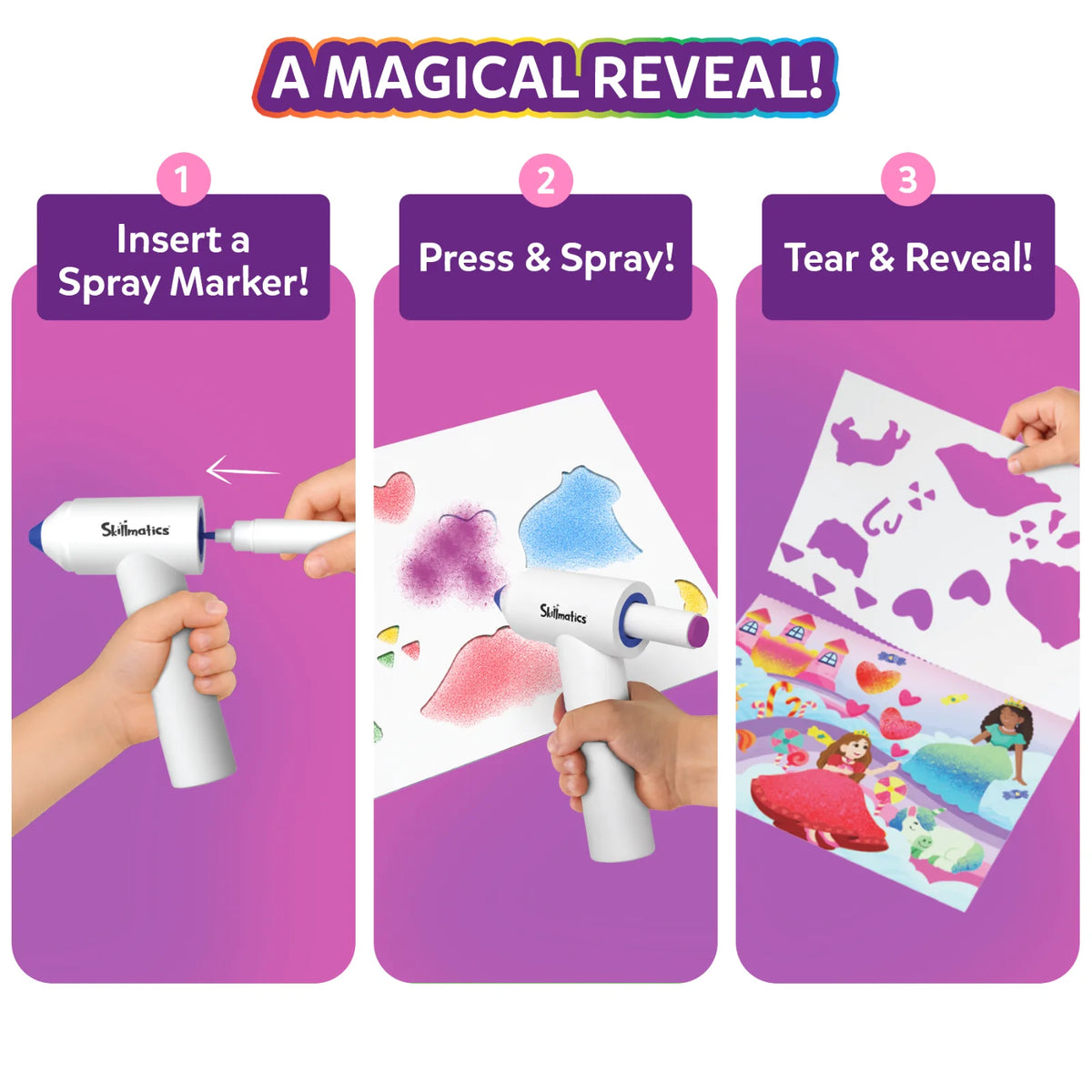 Three-step Skillmatics Spraybrush Art demonstration showing hands inserting a marker into the spraybrush, pressing the trigger to spray colourful patterns onto paper, and peeling back a stencil sheet to reveal vibrant unicorn and princess artwork. Purple panels label each step.